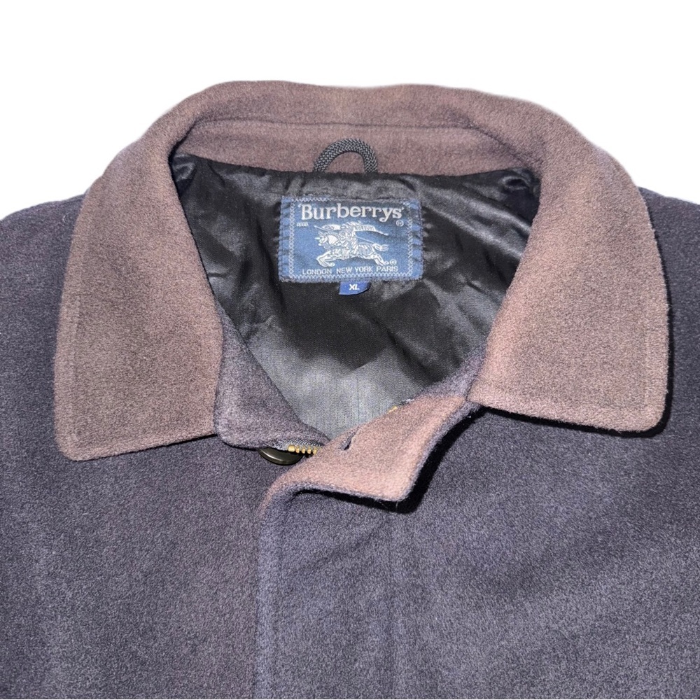 Burberry XL Navy Blue Wool Coat & Leather Collar Overcoat Vintage - Picture 11 of 13